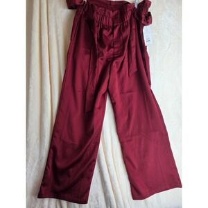 TIME AND TRU Womens Burgundy Satin Wide Leg Paperbag Waist Pants Size L 12-14